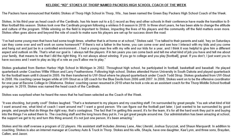 Green Bay Packers press release on Keldric Stokes
